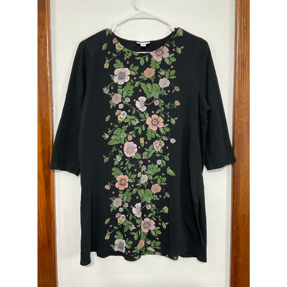 J. Jill Black Floral Panel 3/4 Sleeve Stretchy Tunic Knit Top Women’s Size Large - Picture 3 of 7